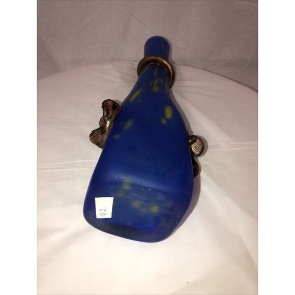 Handmade Blown Glass Vase Engraved with Metal Blue yellow Art Nouveau Style - Picture 11 of 11